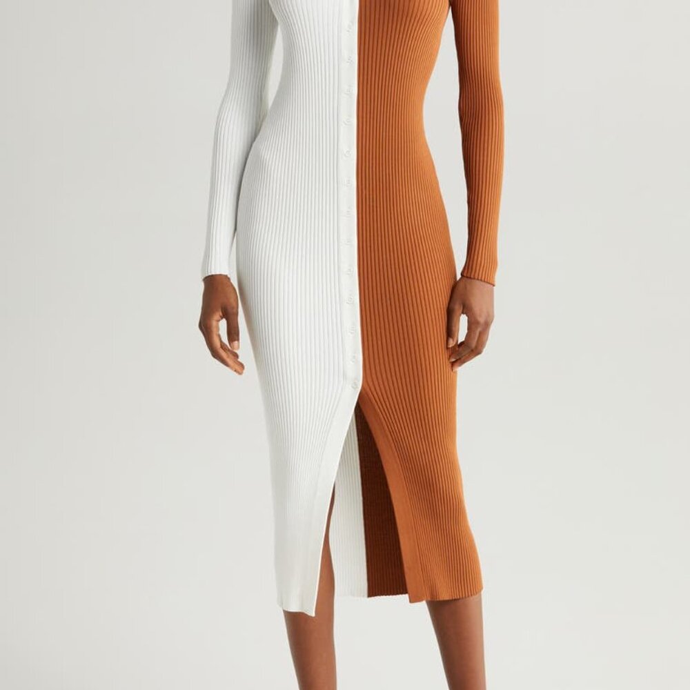 STAUD Shoko Colorblock Sweater Dress in Tan and White Size XS/US0-2